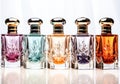 Elegant perfume bottles, with different fragrances, on a white background. AI generated