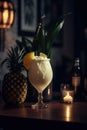 Elegant Pina Colada cocktail with fruit slices decoration. Intimate setting dark background.