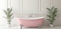 Elegant pink bathtub with clawfoot design and minimalist greenery decor