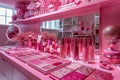 Elegant Pink Beauty Salon Interior with Modern Cosmetic Products on Shelves and Stylish Vanity