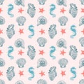 Striped elegant pink and blue seahorse, starfish and seashell seamless pattern background