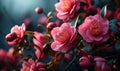 Elegant Pink Camellias Blooming in Dark Mystical Garden, Vivid Floral Display on Moody Background, Romantic Blossom Beauty