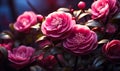 Elegant Pink Camellias Blooming in Dark Mystical Garden, Vivid Floral Display on Moody Background, Romantic Blossom Beauty