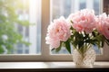 Elegant pink peony, sunlit window, and blurred copy background