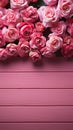 Elegant pink roses form a charming frame against a pink wooden backdrop