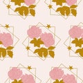 Elegant pink roses and geometrics in a seamless pattern design