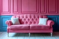 Elegant Pink Sofa in Blue-Pink Chic Interior. Concept Home Decor, Interior Design, Elegant