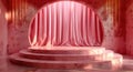 Elegant Pink Velvet Stage With Circular Archway and Draped Curtains in Theater