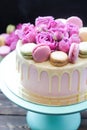 Elegant pink wedding cake decorated with melted white chocolate, beautiful fresh roses and macaroons. Black background Royalty Free Stock Photo