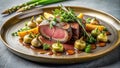 Elegant plated seared meat dish with roasted vegetables and herb garnish, served on a rustic plate. Generative AI Royalty Free Stock Photo