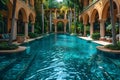 Elegant Poolside Serenity: Fountains & Palms. Concept Poolside Elegance, Serene Atmosphere, Water