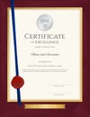 Elegant portrait certificate template for excellence, achievement, appreciation or completion on red border background