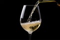 Elegant pour of white wine into a glass against a black background Royalty Free Stock Photo