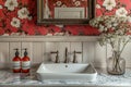 Elegant powder room with floral wallpaper and antique mirror