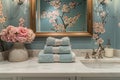 Elegant powder room with floral wallpaper and antique mirror