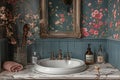 Elegant powder room with floral wallpaper and antique mirror