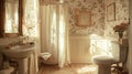 An elegant powder room with walls lined in a two-color floral study wallpaper, a soft-edged floral pattern on the shower