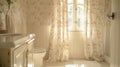 An elegant powder room with walls lined in a two-color floral study wallpaper, a soft-edged floral pattern on the shower