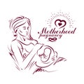 Elegant pregnant woman body silhouette drawing. Vector illustration of mother-to-be fondles her belly. Medical rehabilitation and Royalty Free Stock Photo