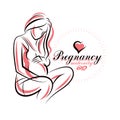 Elegant pregnant woman body silhouette drawing. Vector illustration of mother-to-be fondles her belly. Medical rehabilitation and Royalty Free Stock Photo