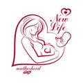 Elegant pregnant woman body silhouette drawing. Vector illustration of mother-to-be fondles her belly. Obstetrics and gynecology