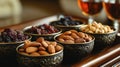 Elegant Presentation of Roasted Nuts and Dried Fruit in Decorative Bowls with Room for Caption Royalty Free Stock Photo