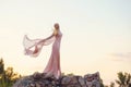 Elegant princess with blond fair wavy hair with tiara on it, wearing a long light pink rose fluttering dress, standing Royalty Free Stock Photo