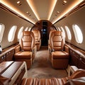 Elegant Private Jet Cabin with Multiple Rows of Brown Leather Seats and Warm Lighting Royalty Free Stock Photo