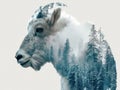 Elegant Profile of Mountain Goat with Forest Double Exposure on a White Background Royalty Free Stock Photo