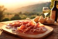 Elegant prosciutto display, with a Tuscan vineyard softly blurred in the background.