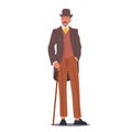 Elegant Proud Man of Nineteenth Century. English Victorian Gentleman in Frock Coat, Hat Hold Walking Cane, Male Charater