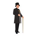 Elegant proud man of the nineteenth century. The gentleman in a frock coat and a top hat, holds a cane in hand Royalty Free Stock Photo