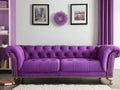 Elegant purple tufted sofa in a modern living room with matching curtains and wall art Royalty Free Stock Photo