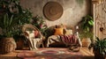 Elegant and quiet bohemian room with cozy interior, wicker chair, pillows, cushions. AI Generative