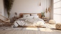 Elegant and quiet bohemian room with cozy interior, wicker chair, pillows, cushions, green plants in flower pot, bed and