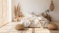 Elegant and quiet bohemian room with cozy interior, wicker chair, pillows, cushions, green plants in flower pot, bed and