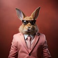 Elegant rabbit in pink suit. Men\'s fashion concept.