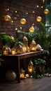 Elegant Ramadan Decorations: Lanterns, Crescent Moons, and Colorful Bunting on Rustic Wooden Table