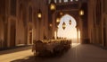 Elegant Ramadan Iftar Table Inside Islamic Palace with Lanterns at Sunset Royalty Free Stock Photo