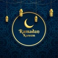 Elegant Ramadan Kareem poster with crescent moon, lantern, and islamic ornament background.