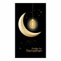 Elegant ramadan mubarak template design with crescent moon, golden lantern for smartphone, device, mobile. Vector Illustration