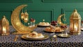 Elegant Ramadan Table Setting with Lanterns and Moon Decorations Royalty Free Stock Photo