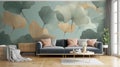 Elegant Realism Living Room Wallpaper With Green Ginkgo Leaves Royalty Free Stock Photo
