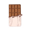 Elegant realistic colored drawing of chocolate bar in foil. Natural tasty sweet dessert or delicious organic confection