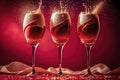 Elegant Red Celebration: Three Sparkling Champagne Glasses Toasting to Festive Bubbles of Joy, ai generative