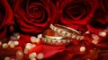 Elegant red gold wedding two rings with delicate rose accents on soft bokeh background Royalty Free Stock Photo