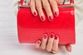 Elegant red handbag in female hands. Royalty Free Stock Photo