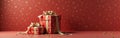 Elegant red holiday gift boxes with gold bows on patterned background Royalty Free Stock Photo