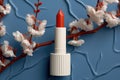 Elegant Red Lipstick with Boughs of Cherry extreme closeup. Generative AI Royalty Free Stock Photo