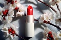 Elegant Red Lipstick with Boughs of Cherry extreme closeup. Generative AI Royalty Free Stock Photo